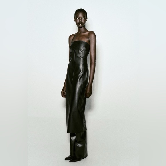 ZARA ~ Strapless Faux Leather Dress - Picture 6 of 12